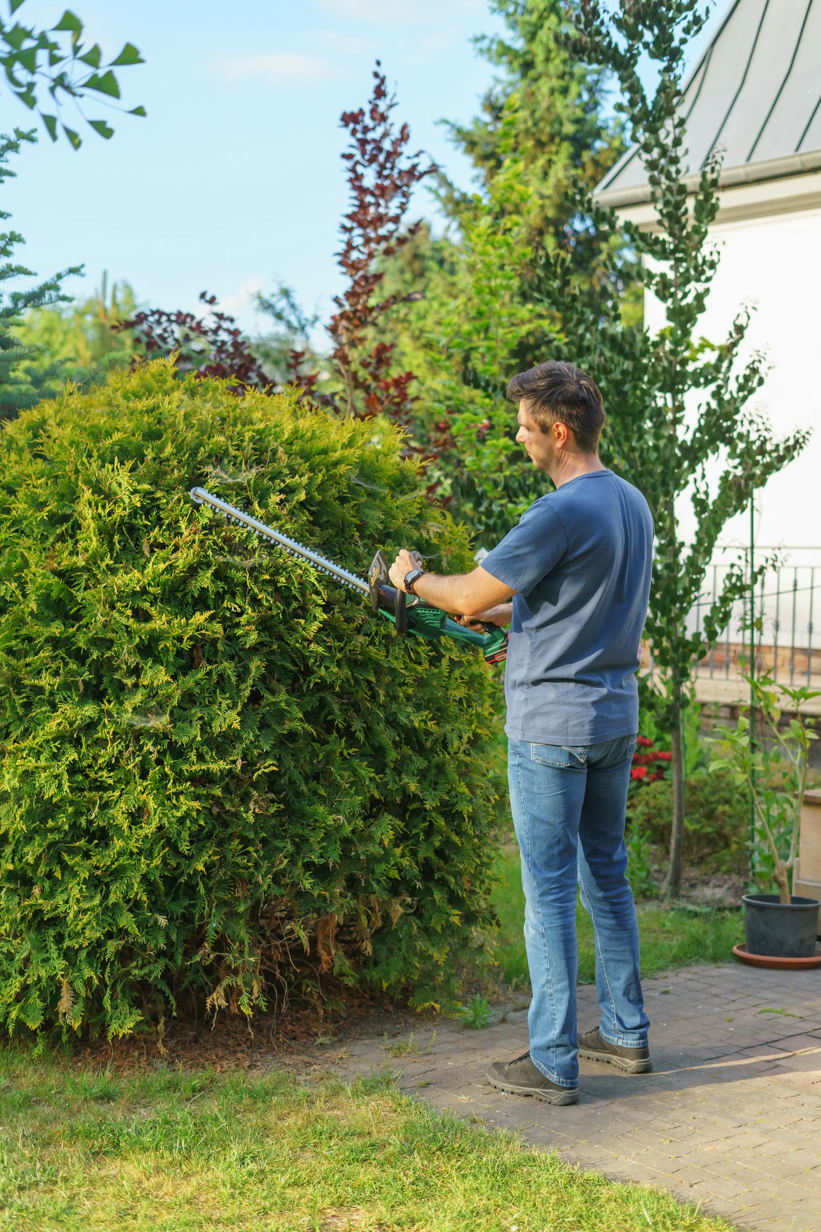 A landscaper trimming a tall hedge beside a home